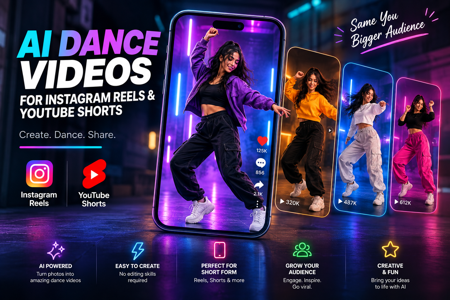 AI-generated dance video displayed in a vertical social media format for Instagram Reels and YouTube Shorts.