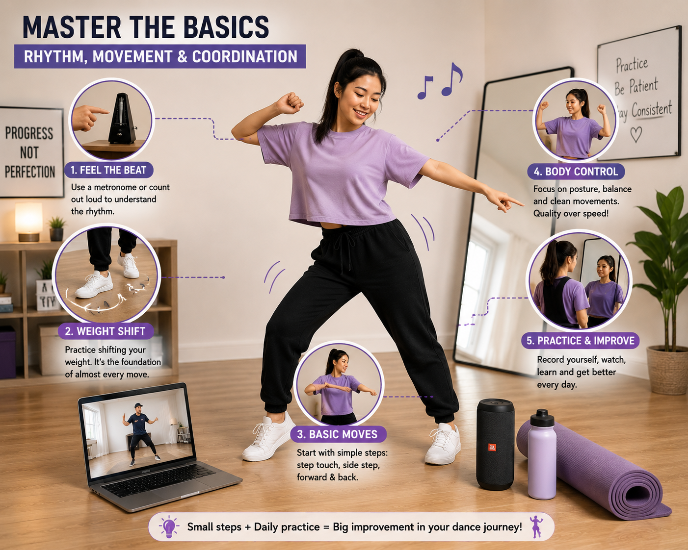 Beginner learning rhythm, basic dance movements, weight shifting and body coordination at home