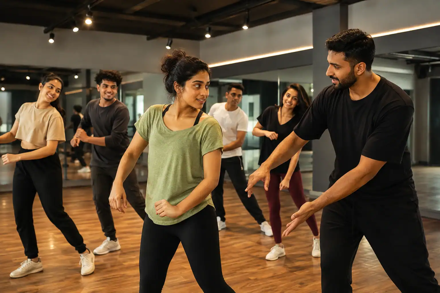 Beginner learning dance steps with an instructor in a modern dance class