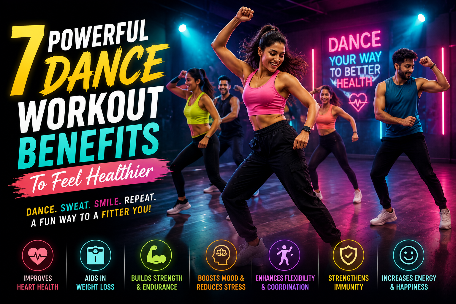 Energetic group performing a dance workout in a bright fitness studio, representing the health and fitness benefits of dance exercise.
