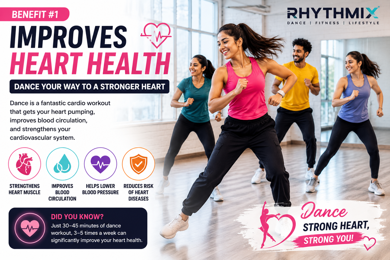 People performing an energetic dance workout in a fitness studio, illustrating how dance exercise can support cardiovascular health.