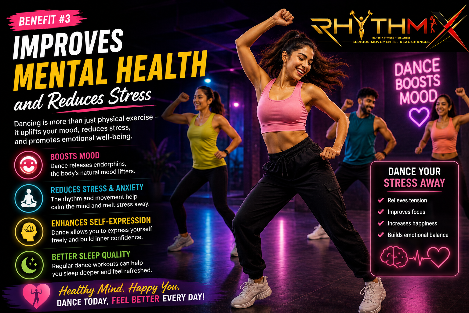 A woman leading an energetic dance workout with other participants in a vibrant studio, representing improved mood, stress relief and emotional well-being.