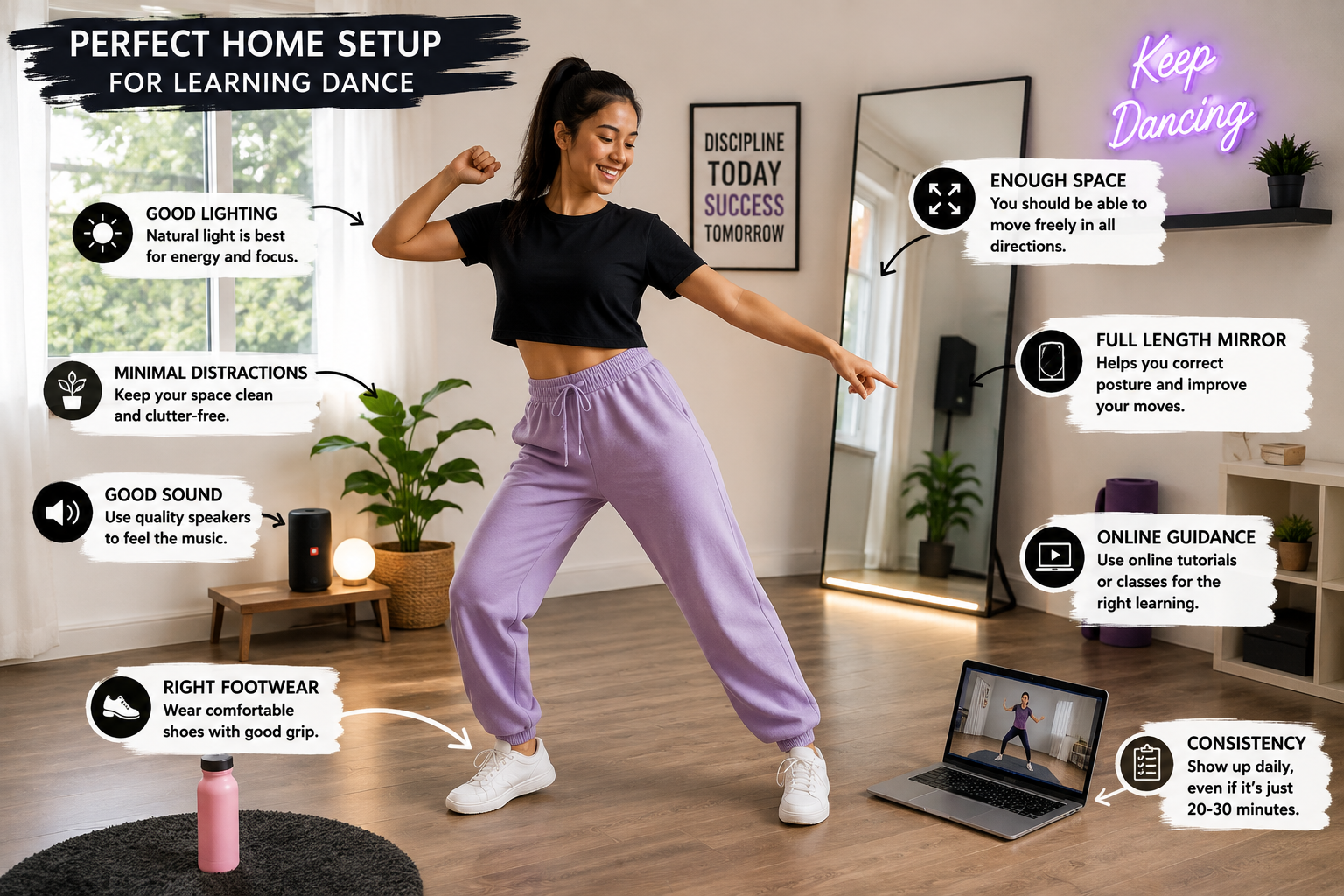 Beginner dancer practising in a For How to learn Dance at home dance space with a mirror, laptop, speaker and enough room to move