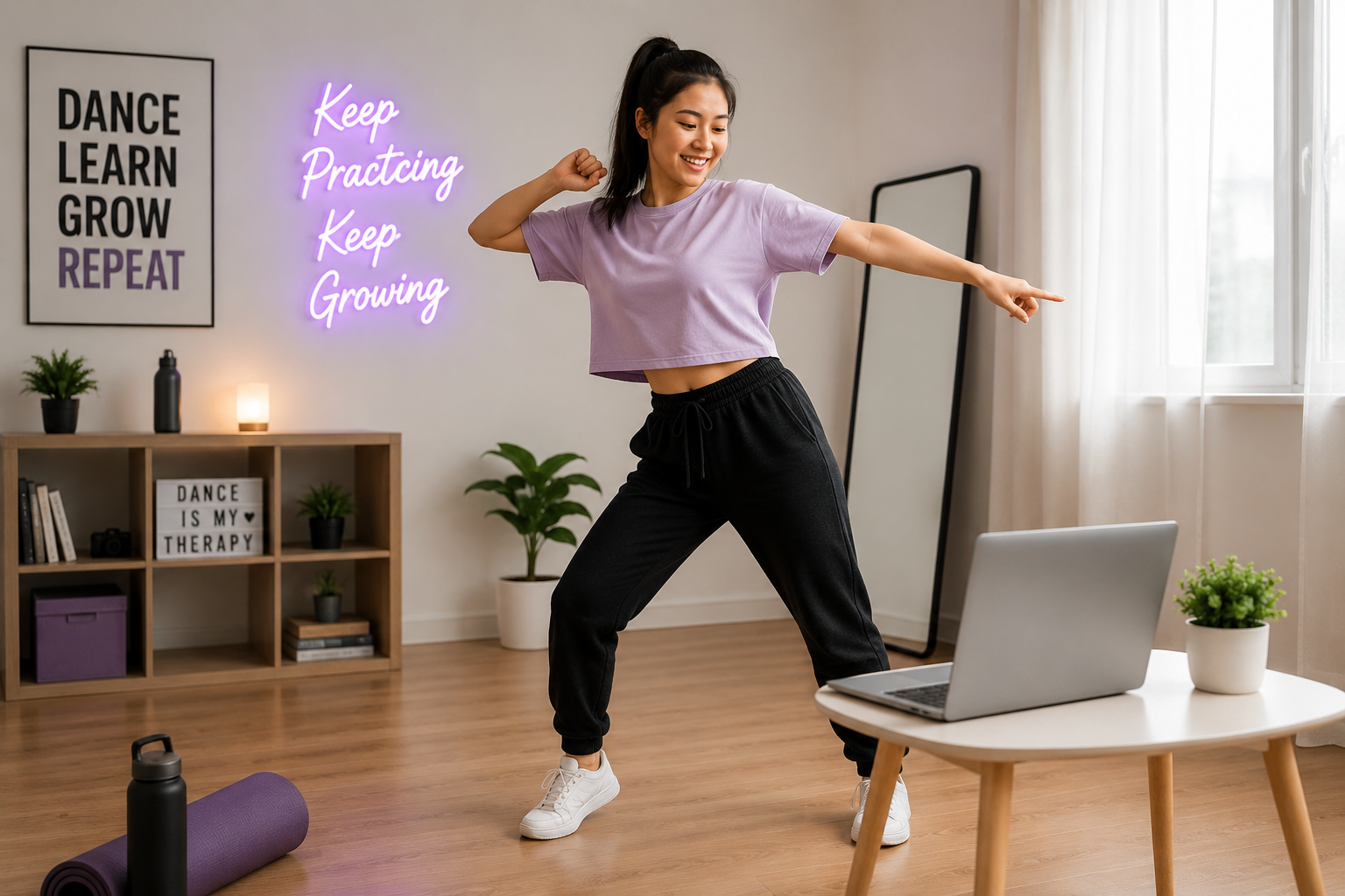 Beginner practising dance at home while learning from an online dance tutorial