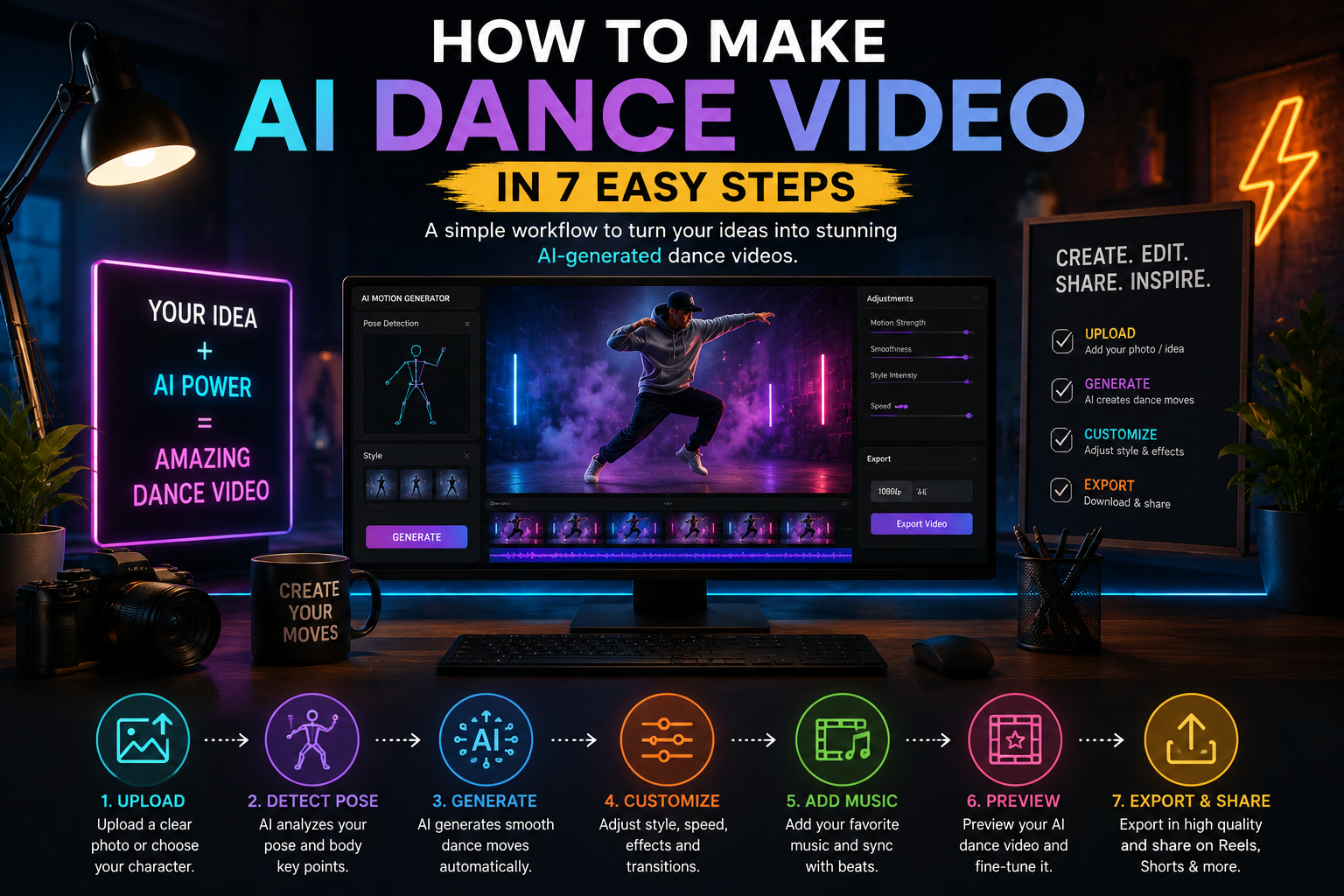 Visual workflow showing seven steps to make an AI dance video, including uploading, pose detection, AI generation, customization, music, preview and export.