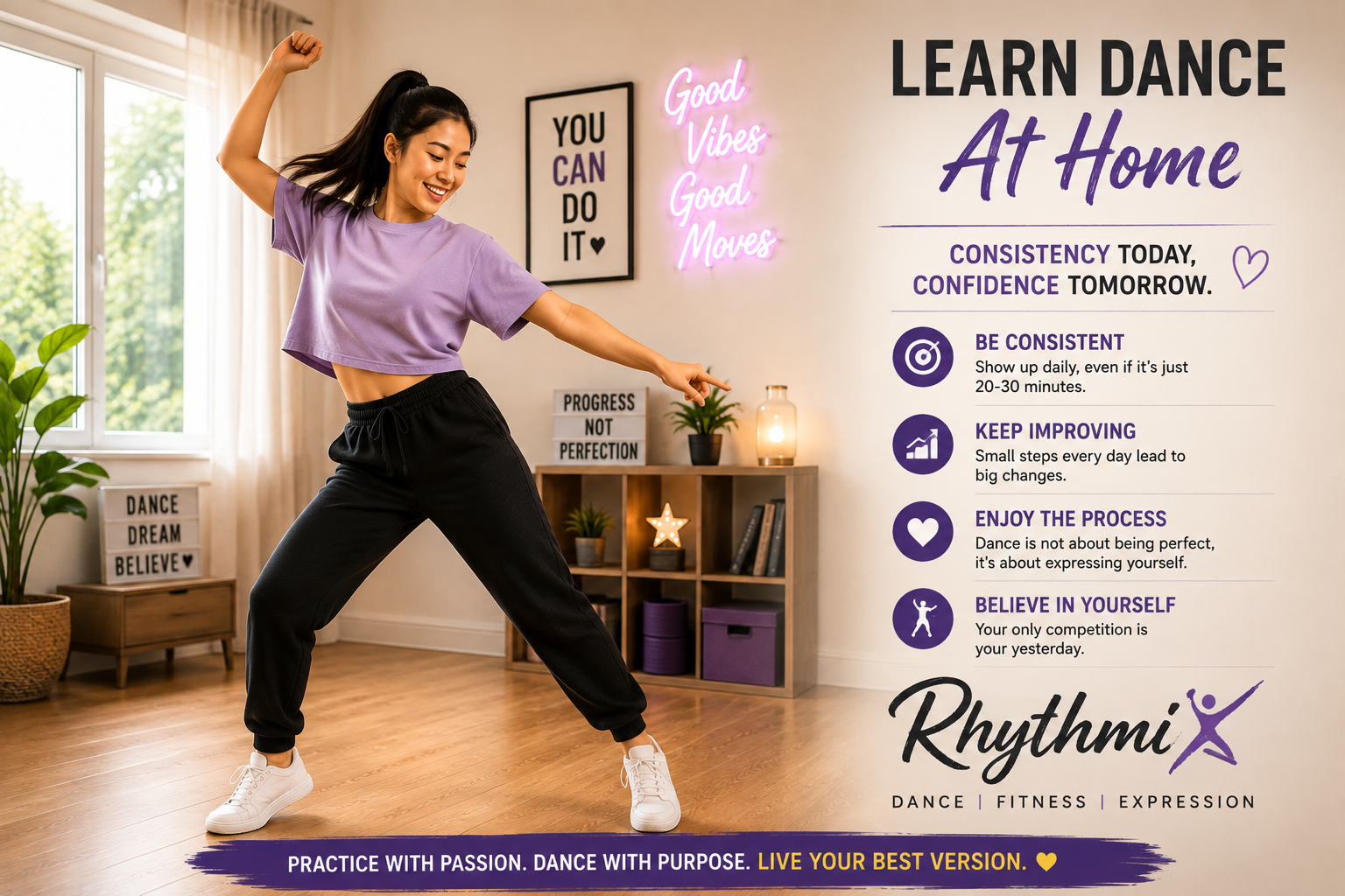 Beginner practising dance choreography at home while following a step-by-step dance tutorial