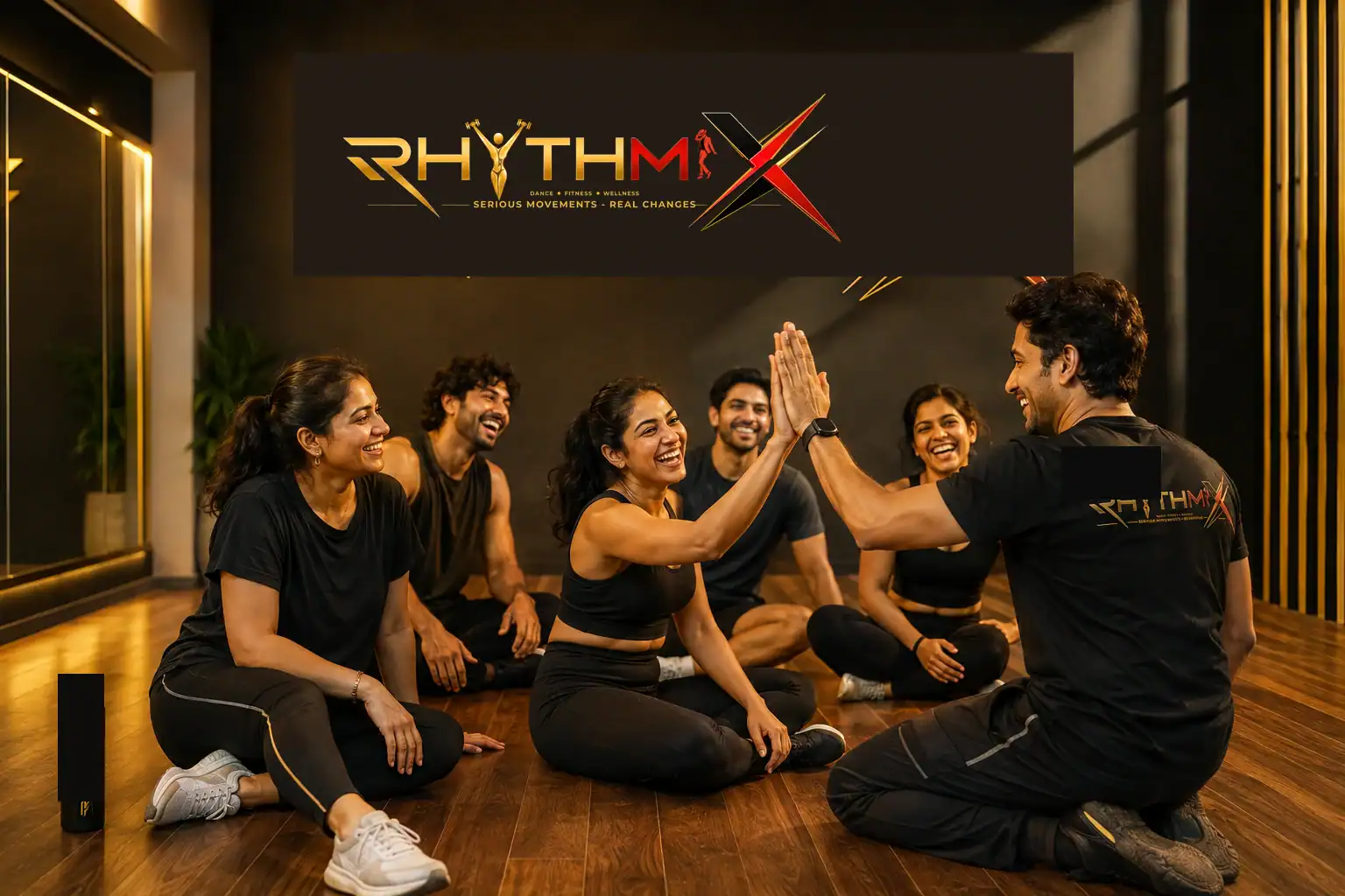 Happy dancers sitting together at Rhythmix after a dance class, celebrating confidence, community and learning