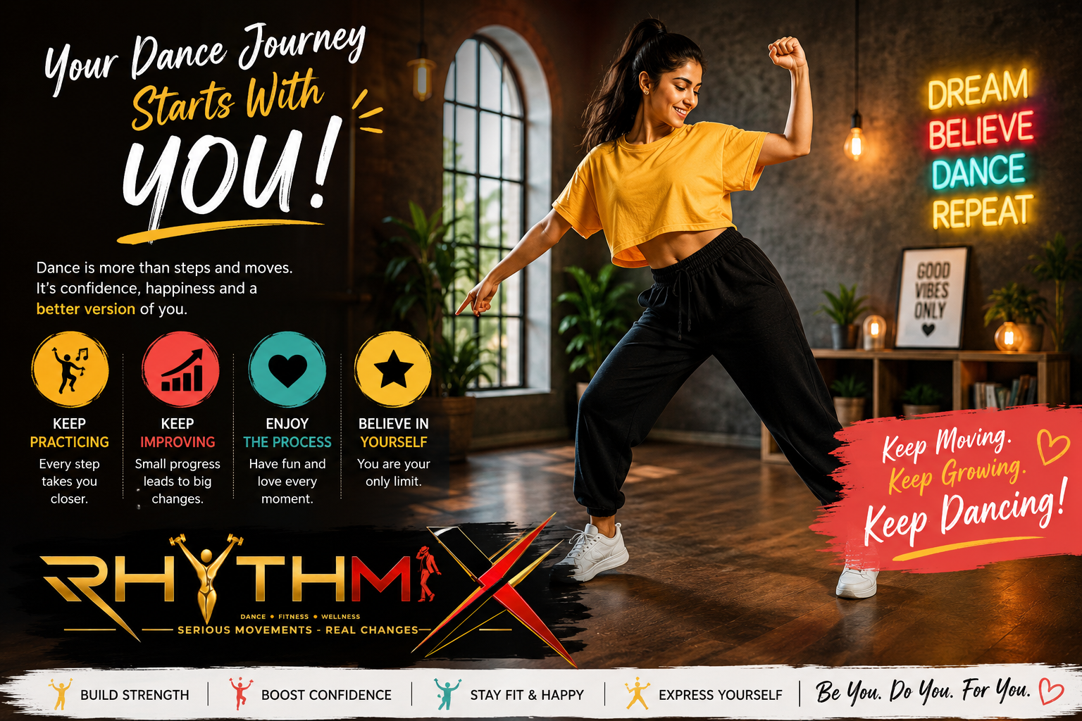 Motivated dancer practising in a dance studio with Rhythmix dance fitness branding, representing confidence, progress and enjoying the dance journey.