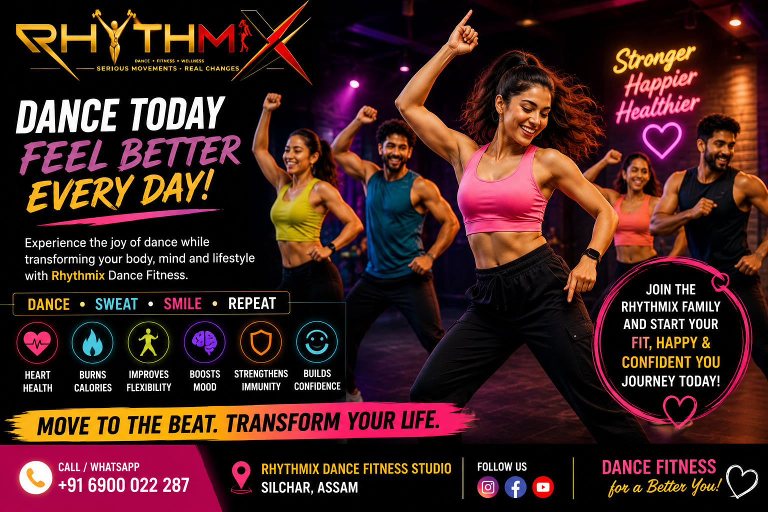 Group performing an energetic Rhythmix dance fitness workout in a studio, promoting a fun and active way to improve fitness and overall well-being.