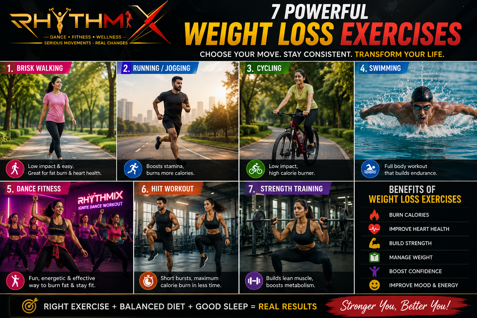 Seven effective weight loss exercises including walking, running, cycling, swimming, dance fitness, HIIT and strength training
