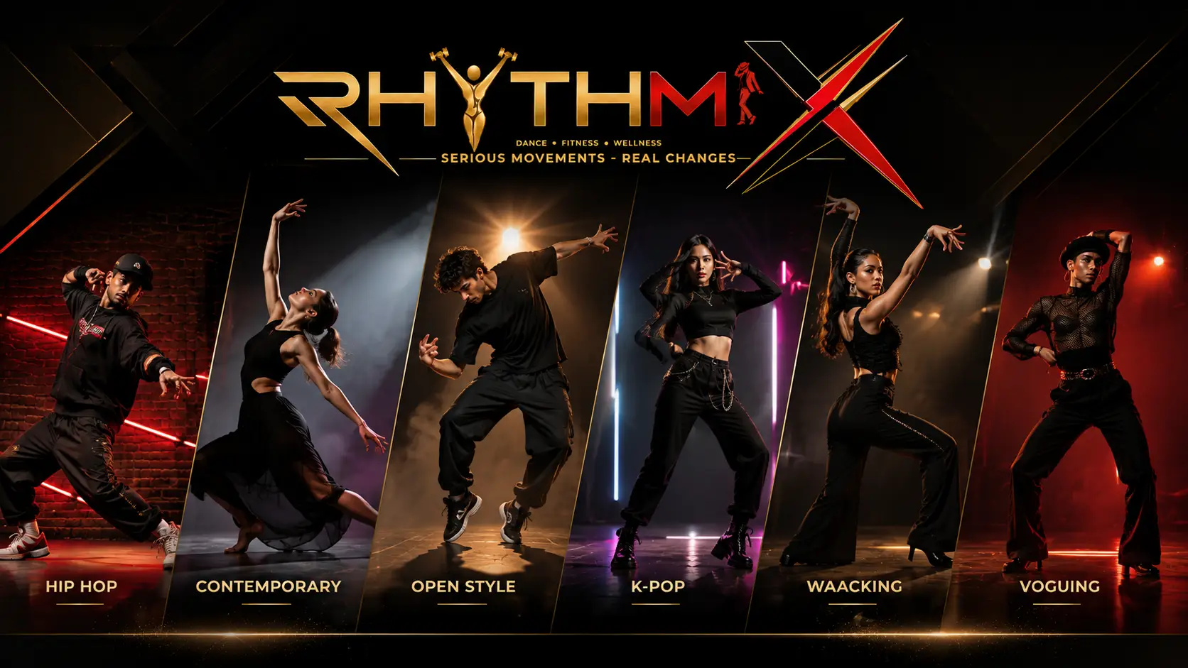 Different types of dance including hip hop contemporary open style K-pop and modern dance