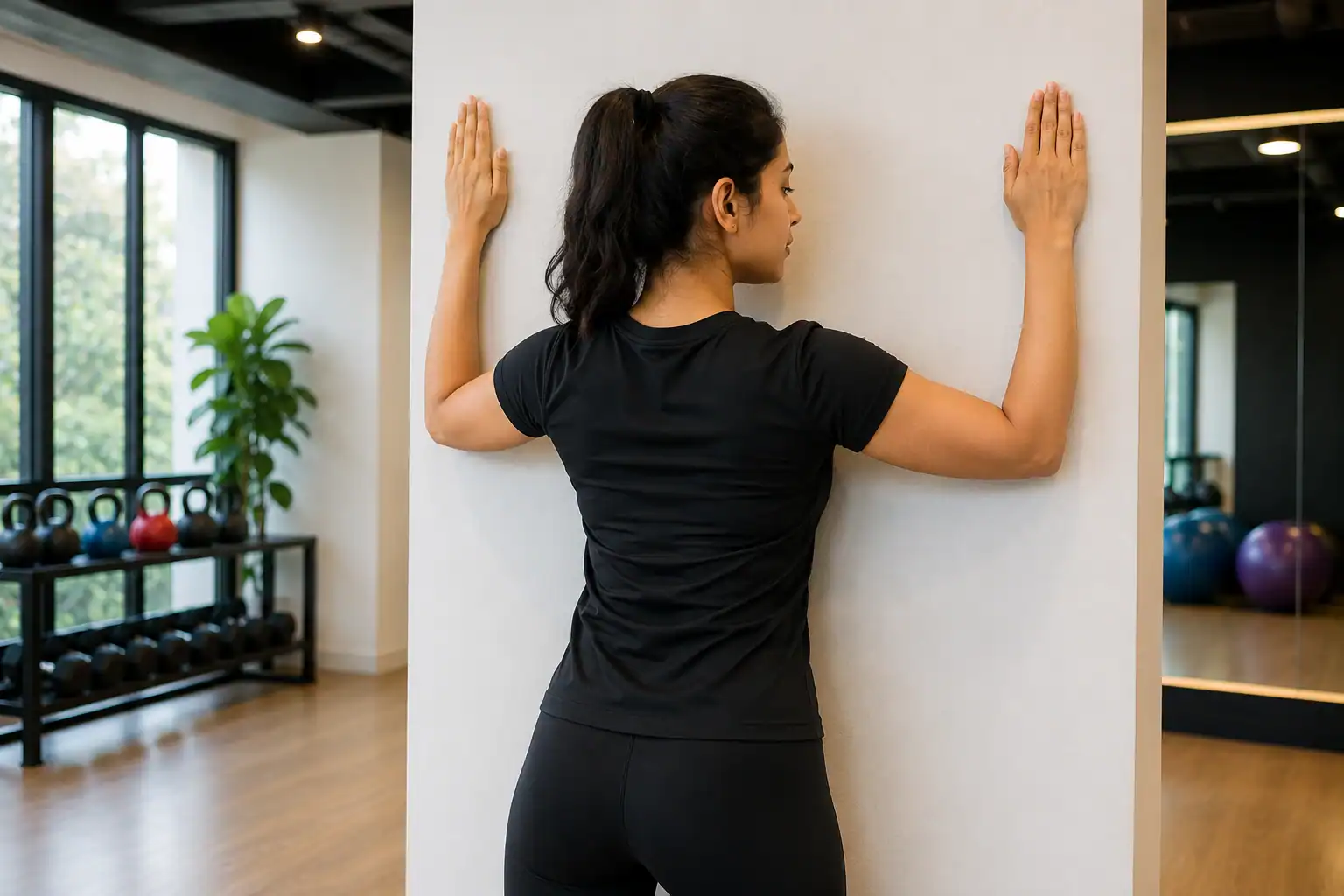 Wall slide shoulder mobility exercise with forearms moving upward on a wall